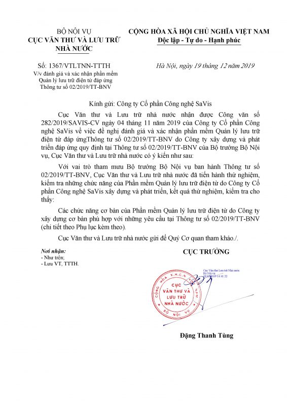 Giải pháp lưu trữ điện tử của SAVIS được công nhận đáp ứng đầy đủ Thông tư số 02/2019/TT-BNV 1 0001.bk